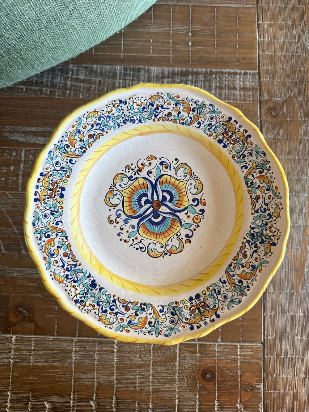 Hand Painted Italian Majolica Plate on Cobalt Blue Glass Pedestal Stand